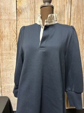 Pomander Place Navy Top with Cream Ruffle Collar